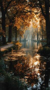 Golden autumn sunlight filters through trees by tranquil river in serene forest setting photo