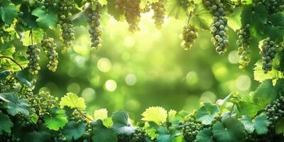 Lush vineyard in sunlight with grapes hanging among green leaves creating a serene atmosphere photo