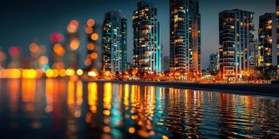 Vibrant city skyline reflecting in the water at night with illuminated buildings and colorful bokeh effects photo