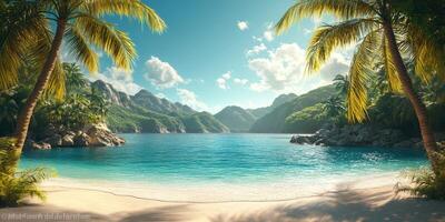 Stunning tropical bay with clear turquoise waters and lush green mountains on a sunny day photo