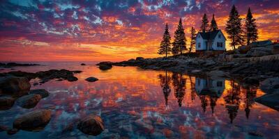 Vibrant sunset over calm waters with a cozy house surrounded by tall trees along the coast photo