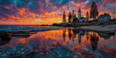 Vibrant sunset reflecting over rocky shoreline near lighthouse and beach houses in coastal landscape photo