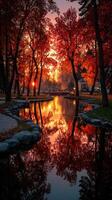 Autumn sunset casting vibrant reflections over tranquil water in a colorful park photo