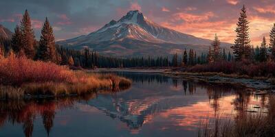 Majestic mountain reflection at sunset in serene lakeside landscape photo