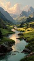 Majestic mountains and serene river flowing through a lush valley at sunset in a tranquil natural landscape photo