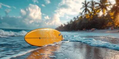 Bright yellow surfboard rests on sandy beach near ocean waves under a tropical sky at sunset in a peaceful coastal setting photo
