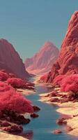 Breathtaking landscape featuring a river flowing through vividly colored mountains and pink trees during a serene sunny day photo