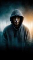 Mysterious figure in hoodie blending human and lion features in a dark, atmospheric setting photo