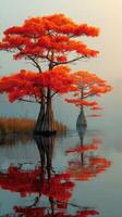 Majestic cypress trees with brilliant orange foliage reflecting on serene water during a misty autumn morning photo