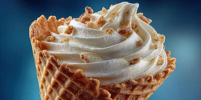 Indulgent soft serve ice cream topped with crunch pieces in a waffle cone during summer photo