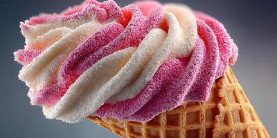 Colorful swirl ice cream cone served on a waffle cone with vibrant pink and white tones in a close-up view photo