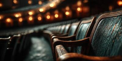 Row of vintage theater seats illuminated by ambient lighting during a performance at an ornate venue photo