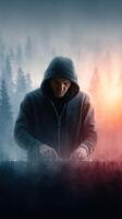 Music producer creates electronic beats in a foggy forest setting during twilight photo