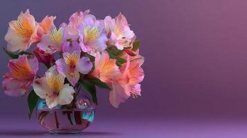 Elegant bouquet of colorful flowers in a glass vase against a soft gradient background photo