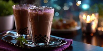 Refreshing bubble tea with tapioca pearls served in a cozy evening setting photo