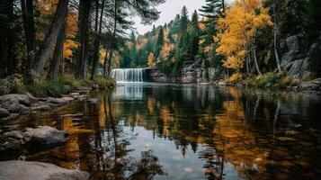 Waterfall cascading into a serene lake surrounded by vibrant autumn foliage in the mountains photo