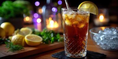 Refreshing iced tea drink with lemon and herbs on a wooden table surrounded by fresh ingredients in a cozy setting photo
