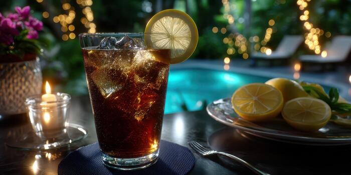 Refreshing beverage with lemon slice beside sparkling pool in a lush garden during a warm evening gathering photo