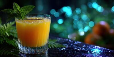Refreshing citrus drink garnished with mint, surrounded by vibrant blue and green lights at evening gathering photo