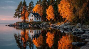 Serene lakeside cabin surrounded by vibrant autumn foliage at sunset photo