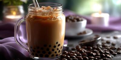 Freshly brewed iced coffee with tapioca pearls and coffee beans on a table photo