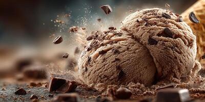 Delicious chocolate ice cream scoops with chocolate chunks scattered around at a dessert shop photo