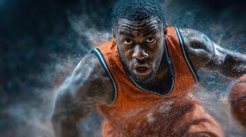 Intense basketball player charging toward the hoop during a competitive game in a gymnasium at night photo