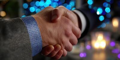 Business partners engaging in a firm handshake during a networking event in an elegantly lit venue photo