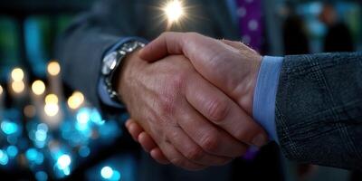 Professionals shake hands at a networking event in a stylish urban venue during the evening photo