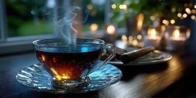 Warm cup of herbal tea beside a lit candle and a plate of snacks on a cozy evening photo