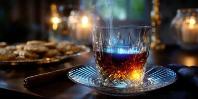 Relaxing evening with a glass of whiskey, cigar, and sweets in a dimly lit setting photo