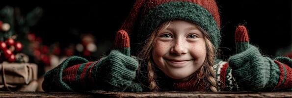 Smiling child in a festive sweater and hat shows thumbs up during holiday preparations indoors photo