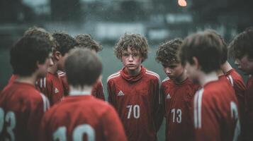 Young soccer players huddle together during a rainy game at an outdoor field in the afternoon photo