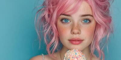Young girl with pink hair enjoying a colorful ice cream cone against a blue background on a bright sunny day photo