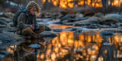 Young photographer captures reflections during golden hour by a tranquil river photo