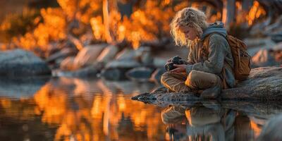 Young woman sits by calm lake reflecting on her photography journey during golden hour in serene nature setting photo
