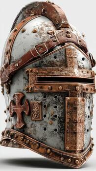 Historic knight helmet with intricate detailing, showcasing craftsmanship and design elements from the medieval era photo