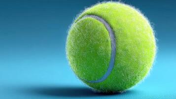 Bright green tennis ball resting on a smooth blue surface in a simple and minimalistic setup photo
