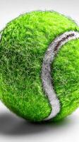Bright green tennis ball resting on a smooth surface with textured fibers visible in detail photo
