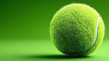 Bright green tennis ball resting on a smooth surface with a vibrant background photo
