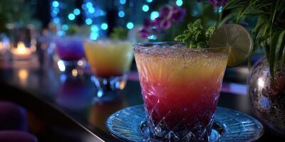 Colorful cocktails served in elegant glasses at a vibrant bar with ambient lighting in the evening photo