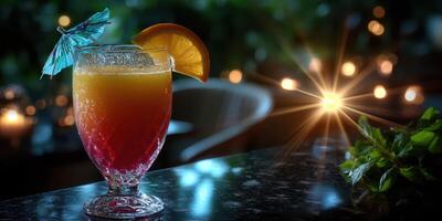 Colorful tropical cocktail sits on a marble bar with glowing lights in the background during a lively evening setting photo