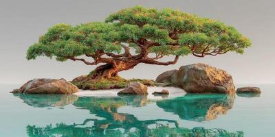 Beautiful tree stands majestically on a rocky island surrounded by calm waters at sunrise photo