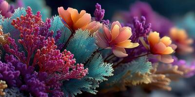 Vibrant coral reef teeming with colorful marine flora in an underwater ecosystem photo