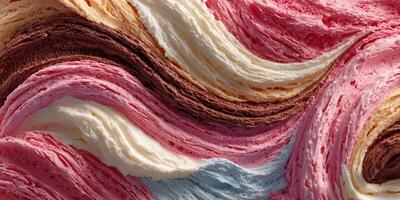 Colorful swirls of ice cream with chocolate, strawberry, and vanilla in a summer treat display photo