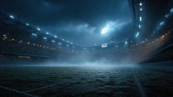 Dramatic lighting over an empty stadium during a thunderstorm at night near the game time photo