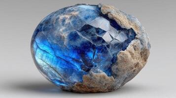 Beautiful blue mineral crystal embedded in rough stone showing intricate details and patterns photo