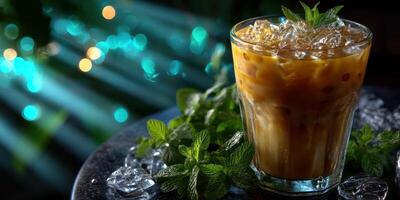 Iced coffee with fresh mint leaves and ice on a dark surface captures a refreshing drink moment with bokeh lighting in the background photo