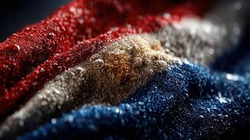 Dewdrops glisten on a textured fabric displaying vibrant colors and patterns during a serene early morning photo
