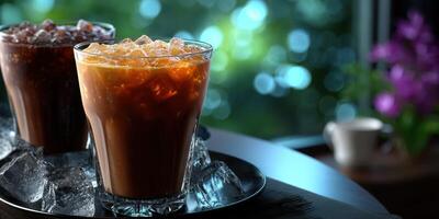 Refreshing iced beverages served on a tray surrounded by a vibrant natural backdrop in the afternoon light photo